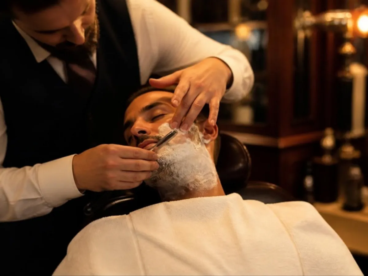 Barbier réalisant un rasage au coupe-chou sur un client allongé dans un fauteuil en cuir